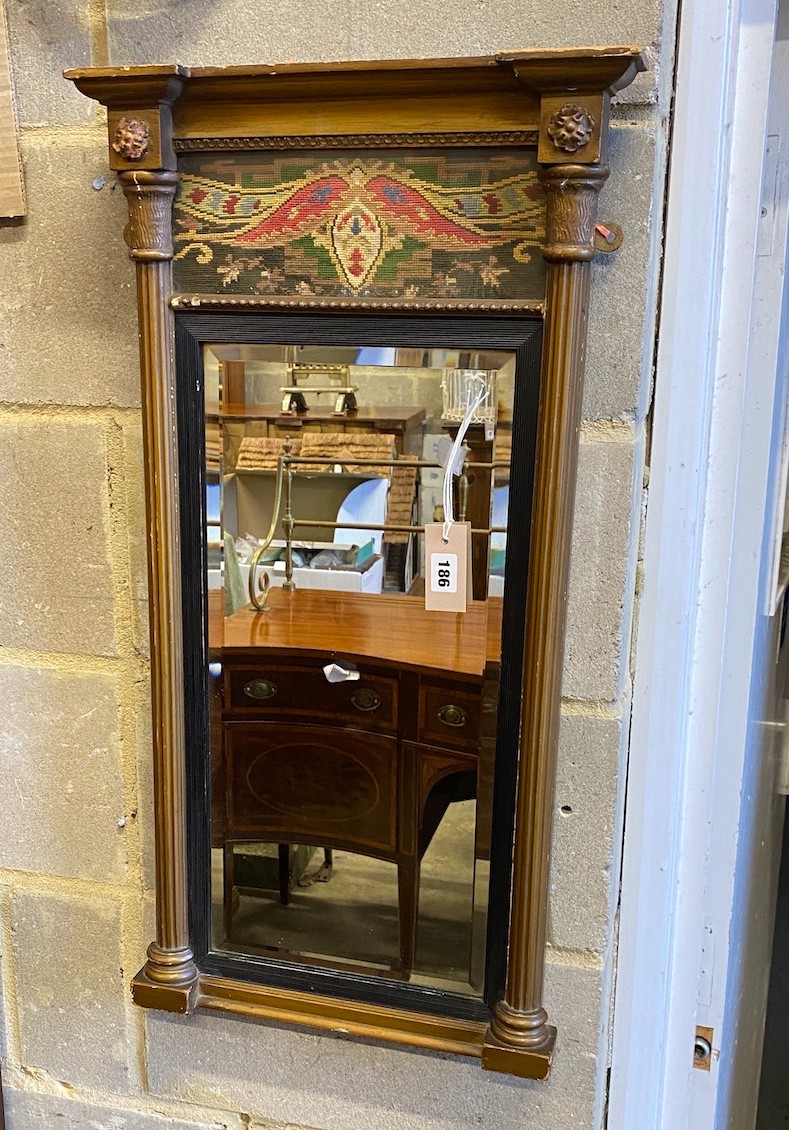 A Regency giltwood pier glass with later tapestry tablet, width 42cm, height 80cm